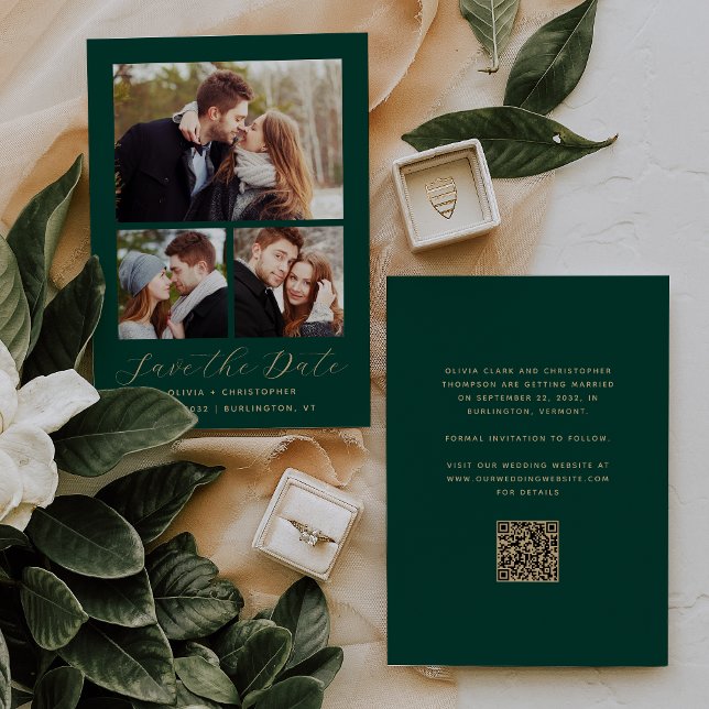 Minimal 3-Photo Collage Emerald Green Gold QR Code Save The Date (Creator Uploaded)