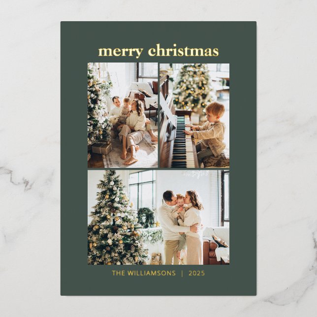 Minimal 3 Photo Collage Merry Christmas Green Gold Foil Holiday Card (Front)