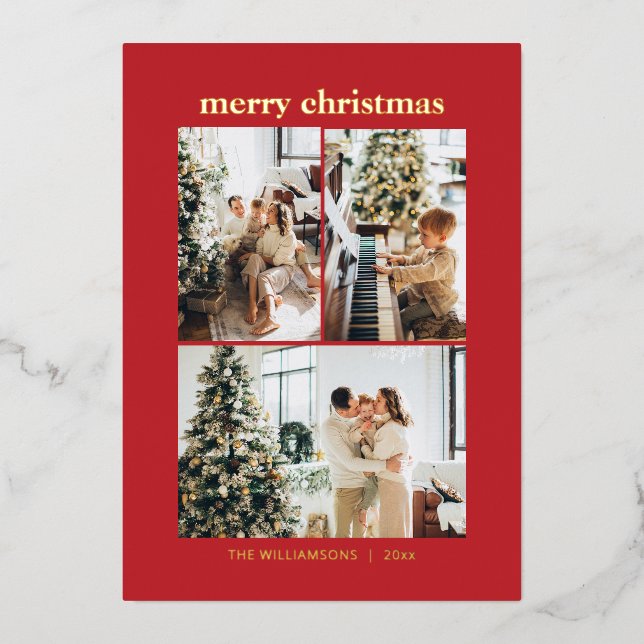 Minimal 3 Photo Collage Merry Christmas Red Gold Foil Holiday Card (Front)