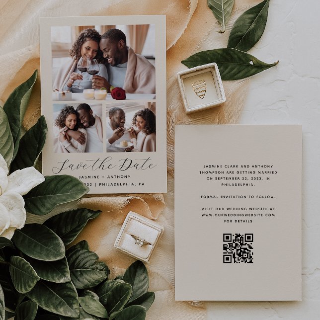 Minimal 3-Photo Collage QR Code Beige Save The Date (Creator Uploaded)