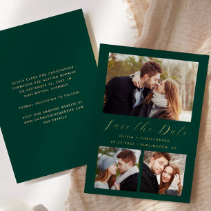 Minimal 3-Photo Emerald Green Gold Save the Date Foil Invitation