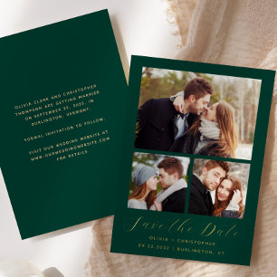 Minimal 3-Photo Emerald Green Gold Save the Date Foil Invitation