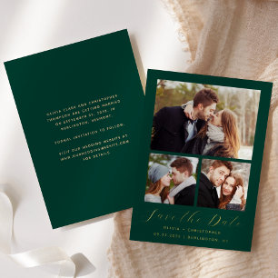 Minimal 3-Photo Emerald Green Gold Save the Date Foil Invitation