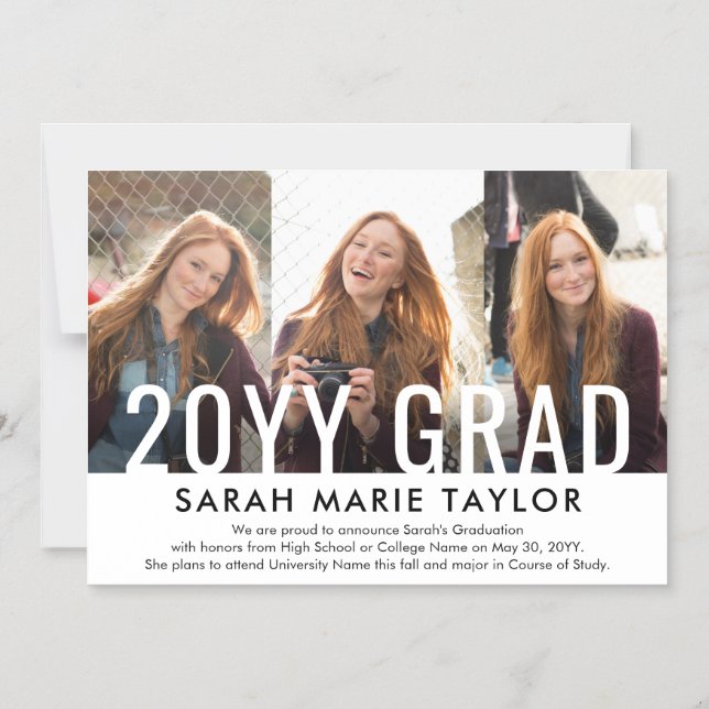 Minimal 3 Photo Magnetic Graduation Announcement (Front)