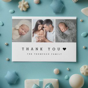 Minimal 3 Photo With Heart New Baby  Thank You Card