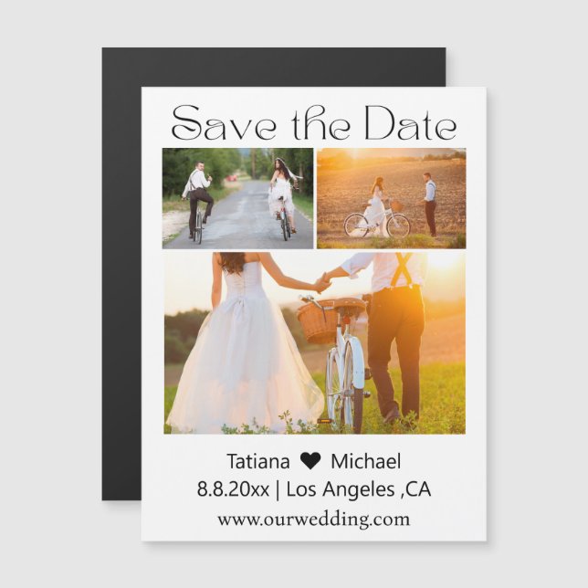 minimal  3 photos collage save the date magnet (Front/Back)