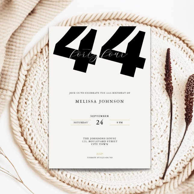 Minimal 44th Birthday Invitation - Bold Typo (Minimal 44th birthday invitation with stylish bold typography)
