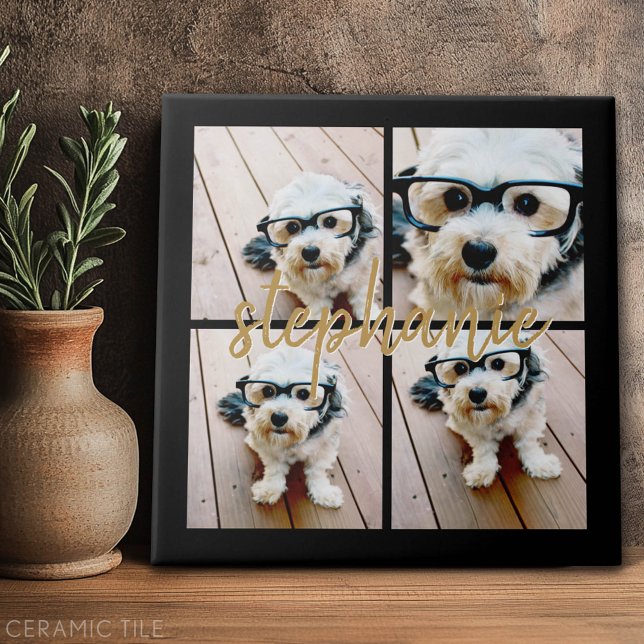 Minimal 4 Photo Collage - Black - Gold Script Text Ceramic Tile (Custom Tile)
