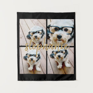 Minimal 4 Photo Collage - Black - Gold Script Text Tapestry