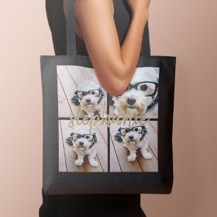 Minimal 4 Photo Collage - Black - Gold Script Text Tote Bag