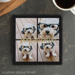 Minimal 4 Photo Collage - Black - Gold Script Text Trivet