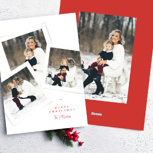minimal 4+ photo collage red merry christmas holiday card