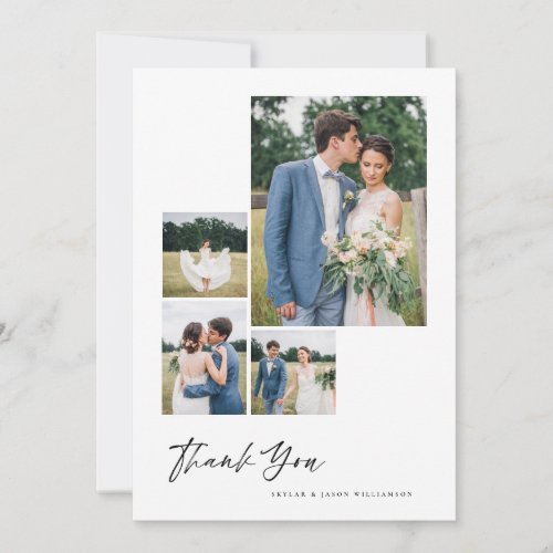 Minimal 4 Photo Collage White Brush Script Wedding Thank You Card
