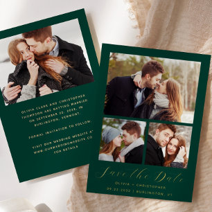 Minimal 4-Photo Emerald Green Gold Save the Date Foil Invitation