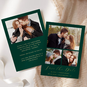Minimal 4-Photo Emerald Green Gold Save the Date Foil Invitation