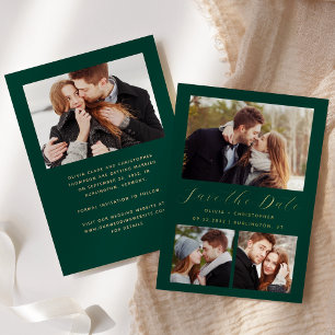 Minimal 4-Photo Emerald Green Gold Save the Date Foil Invitation
