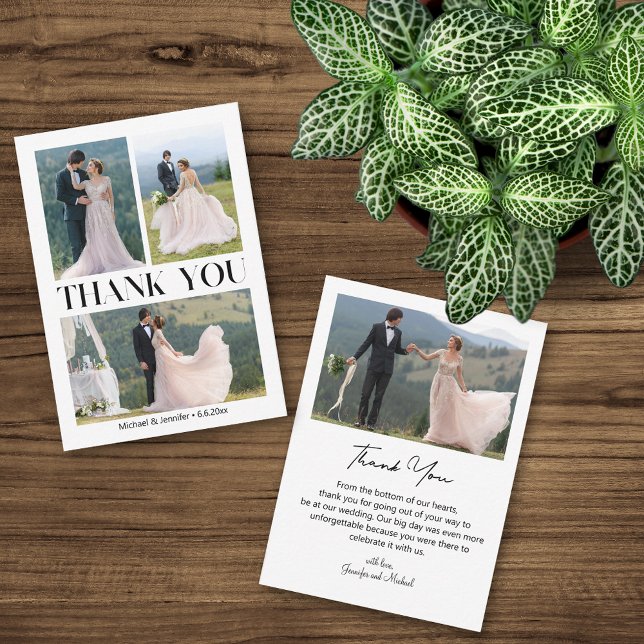 minimal 4 photos collage trendy wedding thank you  note card (Creator Uploaded)