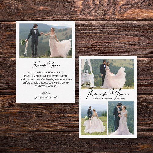 minimal 4 photos collage wedding thank you stylish note card