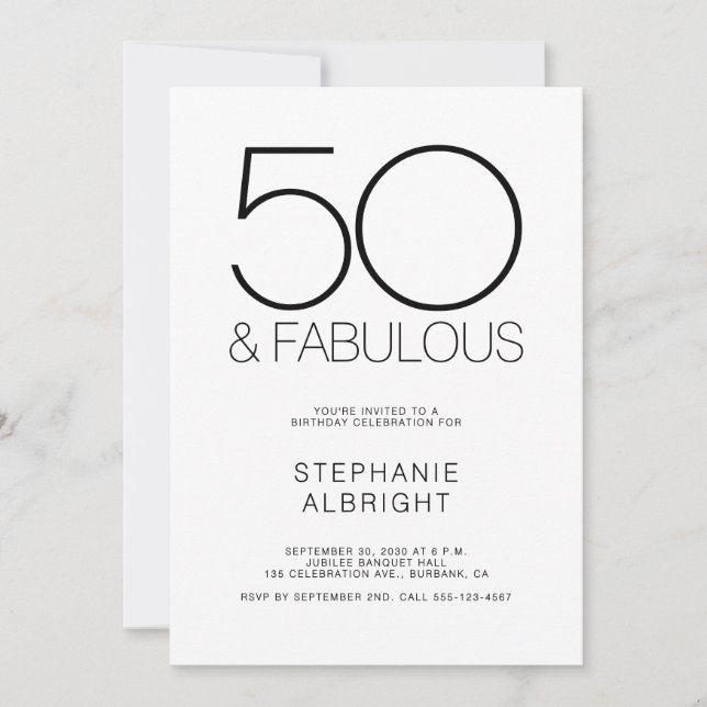 Minimal 50 and Fabulous 50th Birthday Party Invitation (Front)