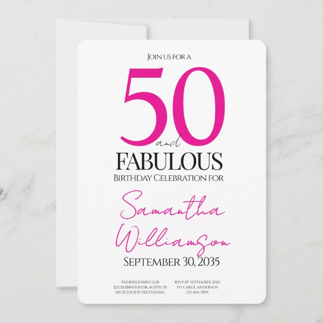 Minimal 50 and Fabulous Pink 50th Birthday Invitation (Front)