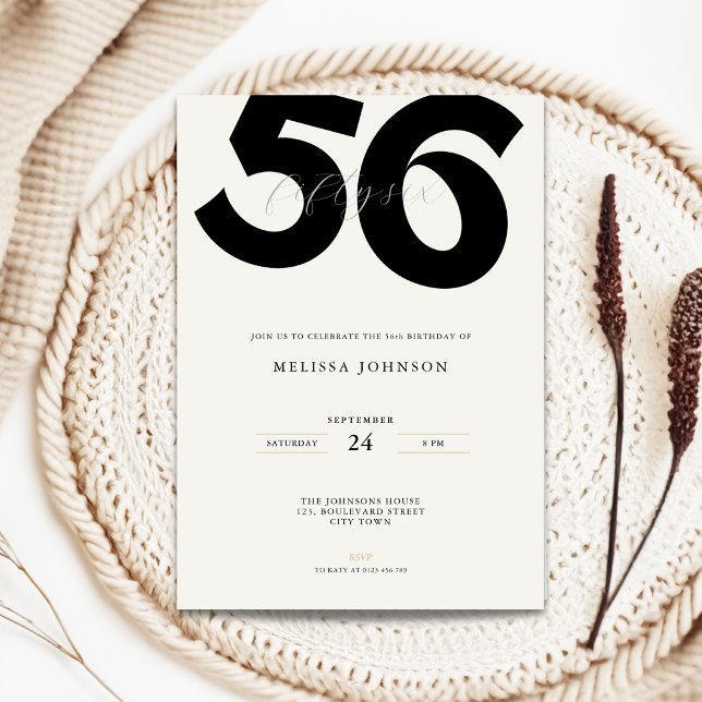 Minimal 56th Birthday Invitation - Bold Typo (Minimal 56th birthday invitation with bold typography for man and woman in black and white)