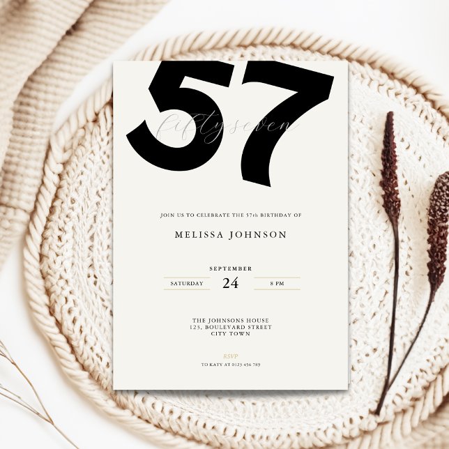 Minimal 57th Birthday Invitation - Bold Typo (Minimal 57th birthday invitation with bold typography for man and woman in black and white)