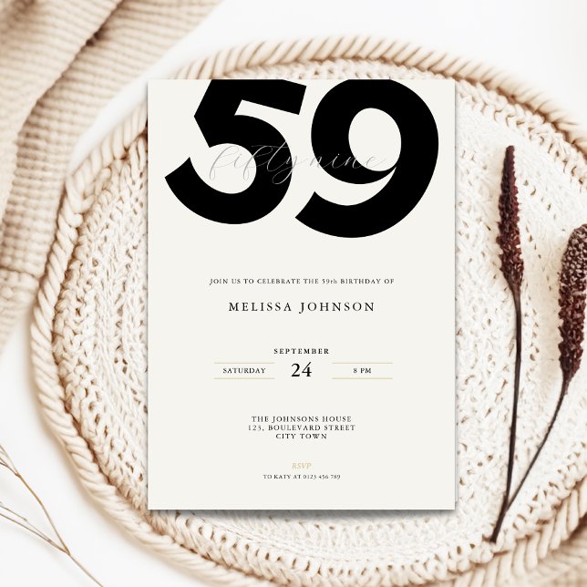 Minimal 59th Birthday Invitation - Bold Typo (Minimal 59th birthday invitation with bold typography for man and woman in black and white)