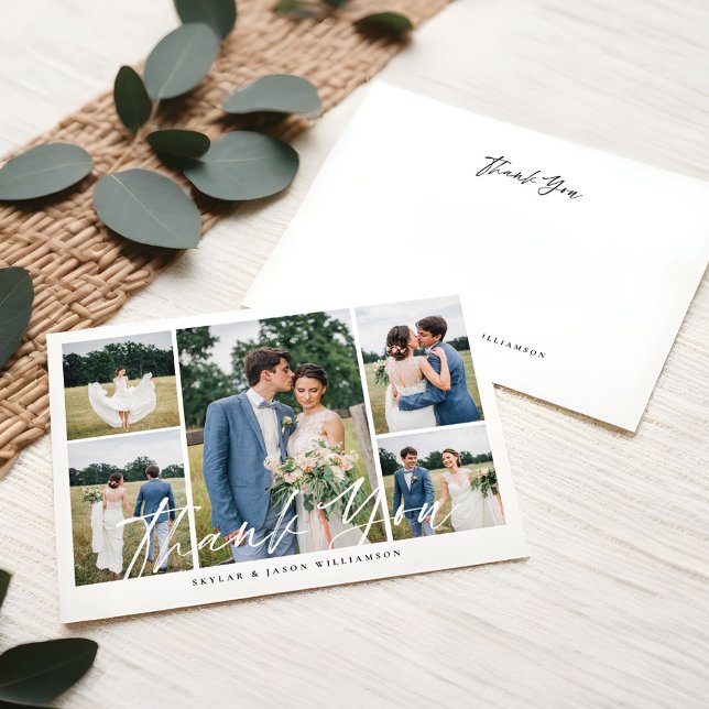 Minimal 5 Photo Collage White Brush Script Wedding Invitation (Minimal 5 Photo Collage White Brush Script Wedding Invitation)