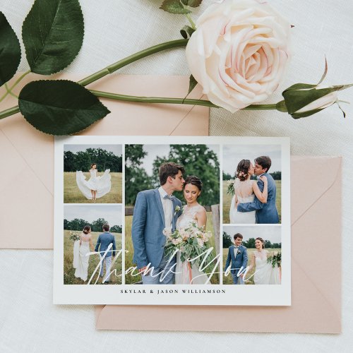 Minimal 5 Photo Collage White Brush Script Wedding Thank You Card