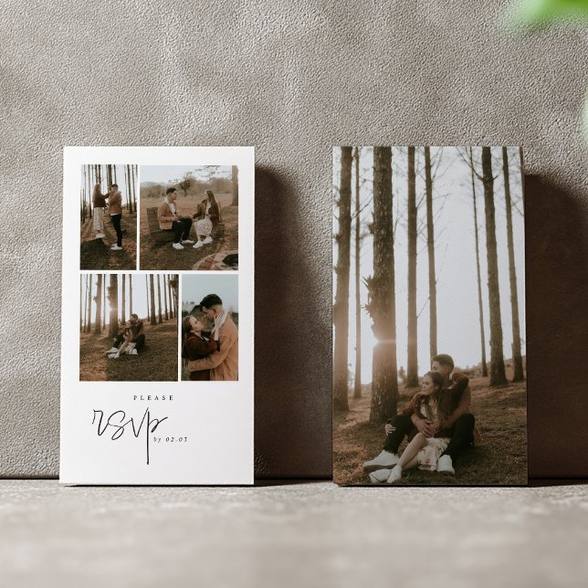 Minimal 5 photo rsvp enclosure card. card (Modern RSVP card with four-photo collage and elegant script on clean white background.)