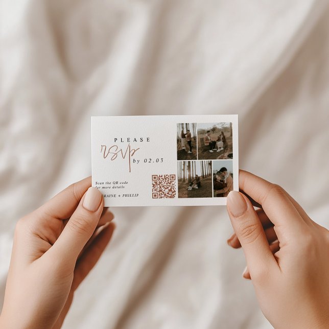 Minimal 5 photo rsvp QR Code enclosure card (Minimal 5 photo rsvp enclosure card with QR Code.)