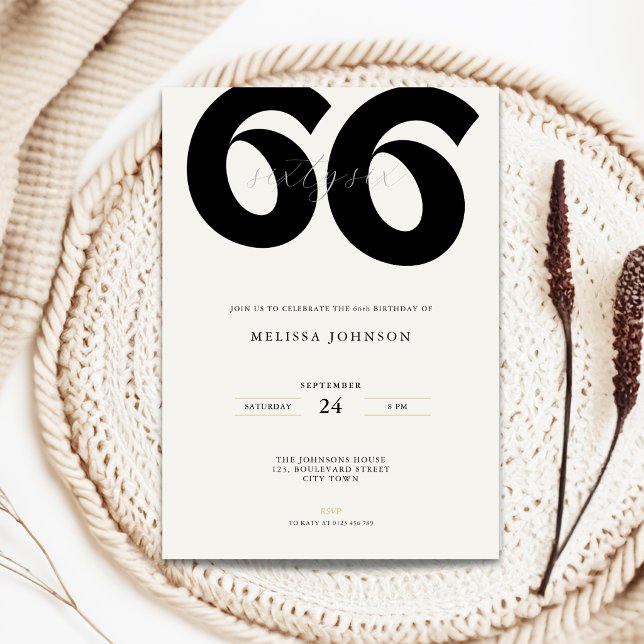 Minimal 66th Birthday Invitation - Bold Typo (Minimal 66th birthday invitation with bold typography for man and woman in black and white)