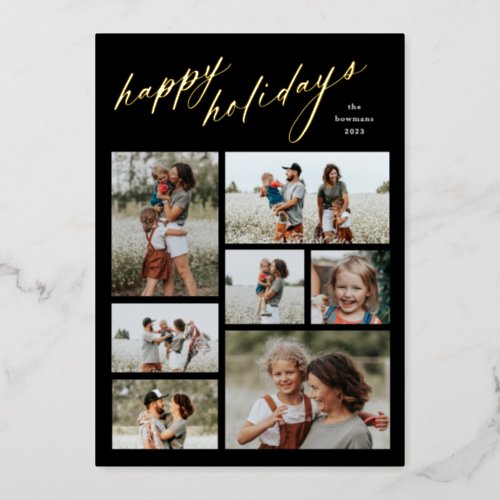 Minimal 7 Photo Collage Script Happy Holidays Foil Holiday Card