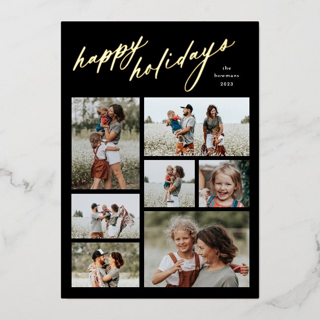 Minimal 7 Photo Collage Script Happy Holidays Foil Holiday Card (Front)