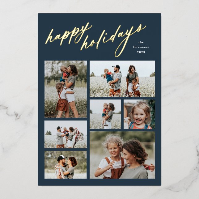 Minimal 7 Photo Collage Script Happy Holidays Foil Holiday Card (Front)