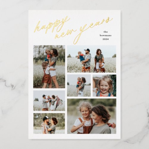 Minimal 7 Photo Collage Script Happy New Year Foil Holiday Card