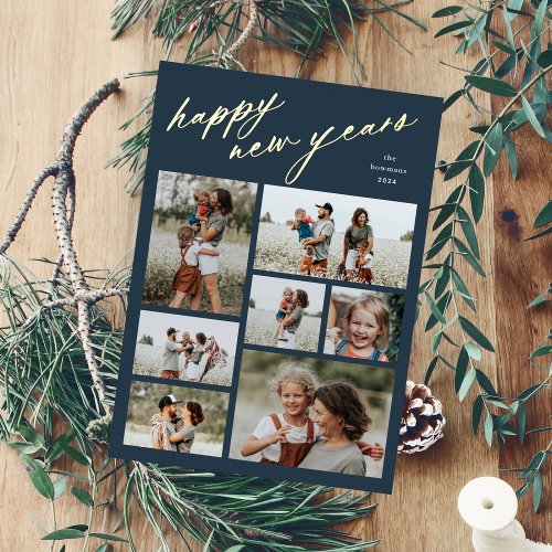 Minimal 7 Photo Collage Script Happy New Year Foil Holiday Card