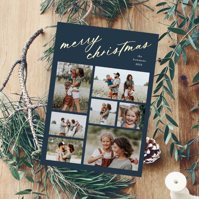 Minimal 7 Photo Collage Script Merry Christmas  Foil Holiday Card (Elegant script merry christmas 7 photo collage foil holiday card.)