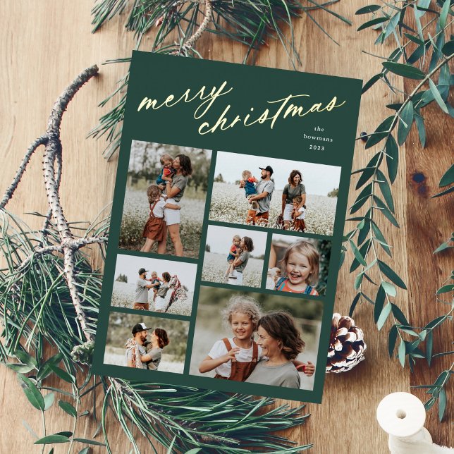 Minimal 7 Photo Collage Script Merry Christmas  Foil Holiday Card (Elegant script merry christmas 7 photo collage foil holiday card.)