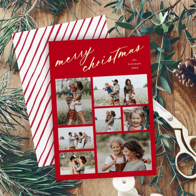 Minimal 7 Photo Collage Script Merry Christmas  Foil Holiday Card (Minimal script merry christmas red and white multi photo collage foil holiday card with stripe back.)