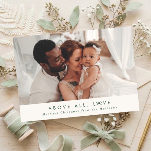 Minimal Above All Love Little Bow Christmas Photo Holiday Card