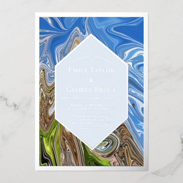 Minimal Abstract Blue Green Nature Wedding Silver Foil Invitation (Front)