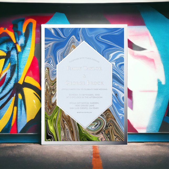 Minimal Abstract Blue Green Nature Wedding Silver Foil Invitation (Creator Uploaded)