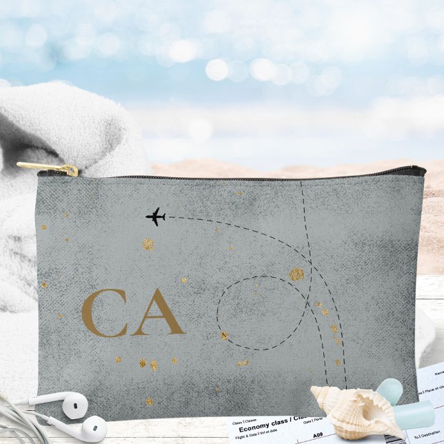 Minimal Airplane Slate Gray Gold Monogram Travel Accessory Pouch (Minimal Airplane Slate Gray Gold Monogram Travel Accessory Pouch ©Sachers - Sunny Wanderlust 🌞✈️)