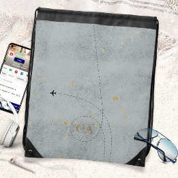 Minimal Airplane Slate Gray Gold Monogram Travel Drawstring Bag