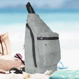 Minimal Airplane Slate Gray Gold Monogram Travel Sling Bag