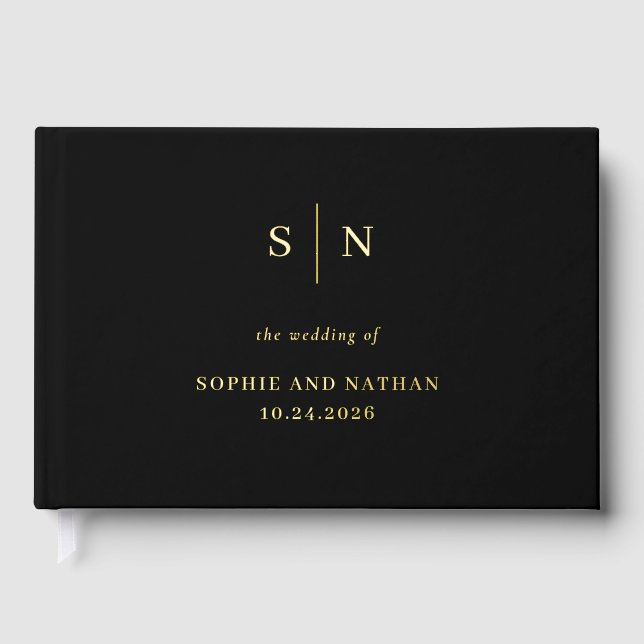 Minimal and Chic | Black and Gold Foil Wedding Foil Guest Book (Front)