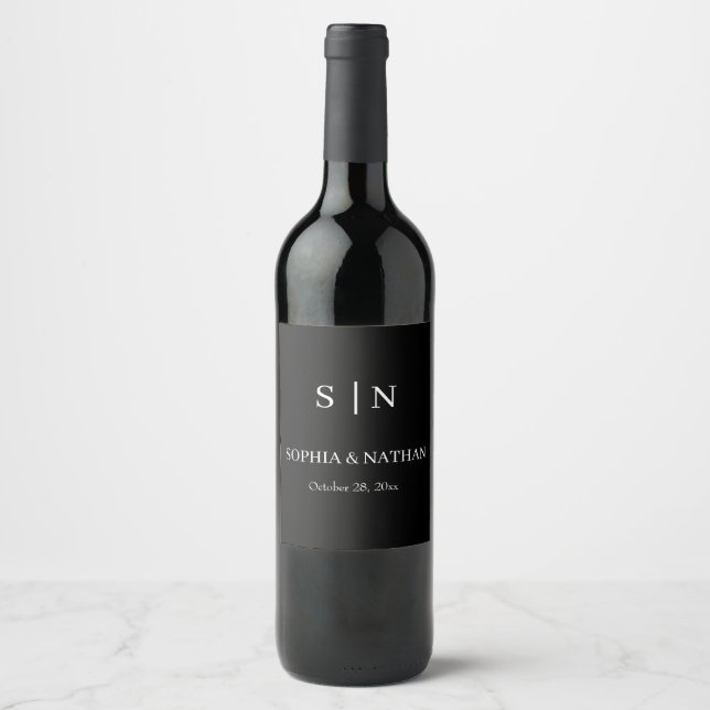 Minimal and Chic | Black and White Wedding Wine Label (Front)