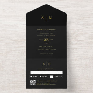 Minimal and Chic Black   QR Code Wedding Gold Foil All In One Invitation