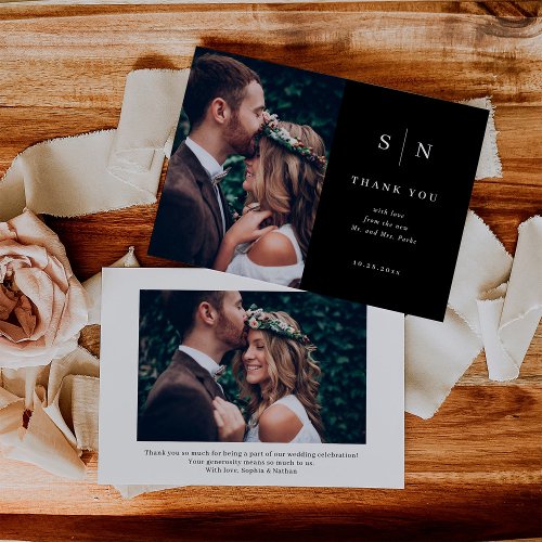 Minimal and Chic  Black Two Photo Wedding Thank You Card